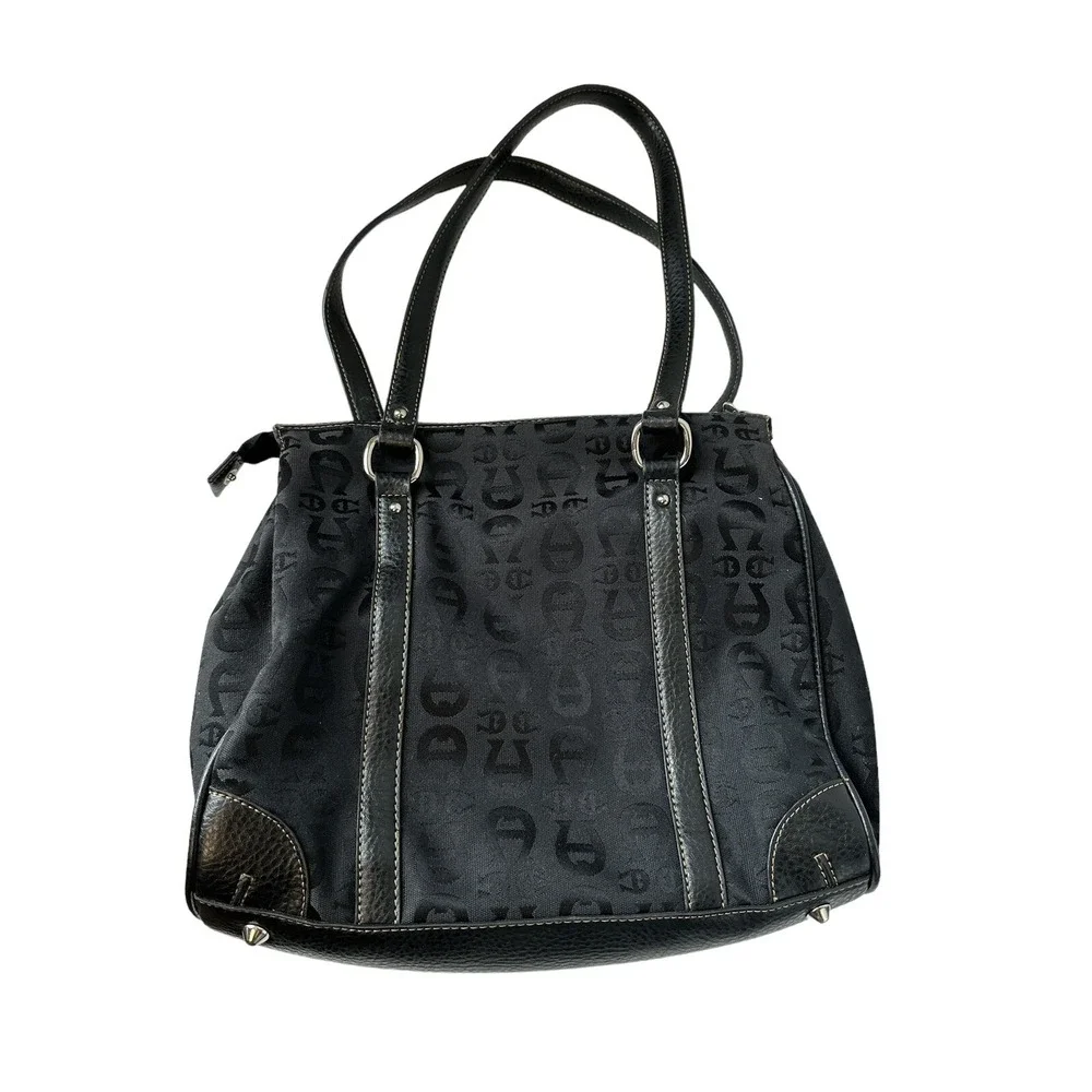 Etienne Aigner Black Signature Canvas Bag Leather Trim Front Magnetic Pocket